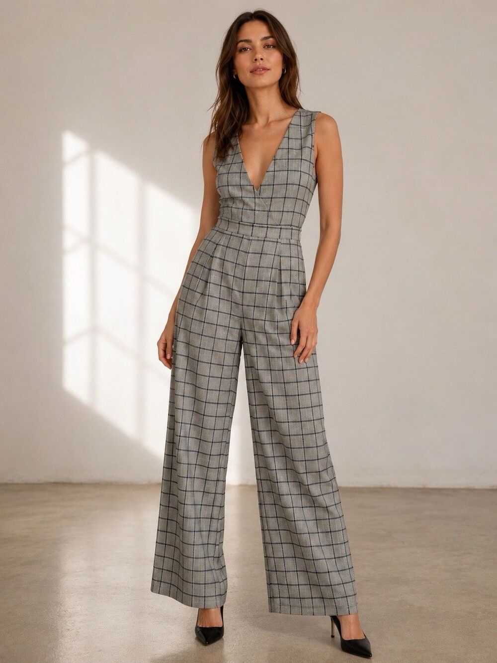 Lost + Wander Plaid Wide Leg Jumpsuit Women Small Gray Windowpane Sleeveless